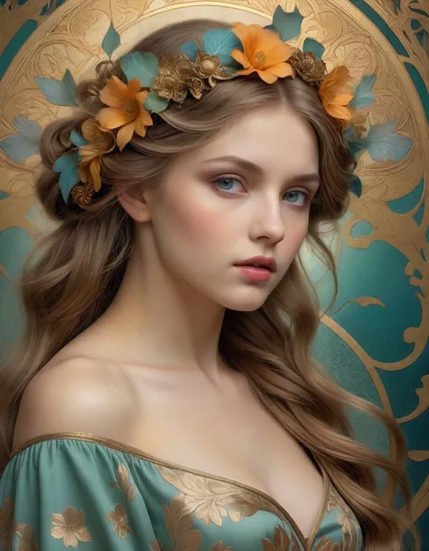 old  (masterpiece, best quality, highres:1.2) art nouveau style beautiful woman with long hair shaped as flowers in the style of...