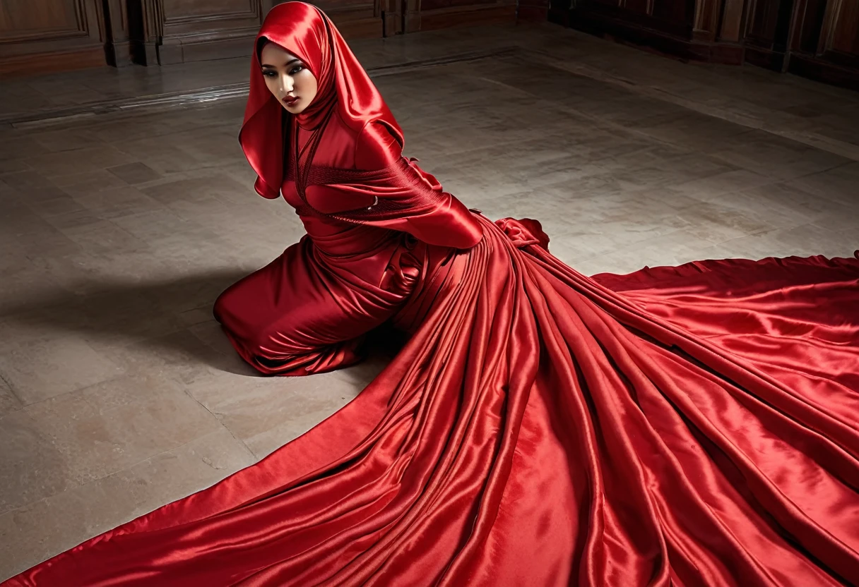 A woman shrouded in a 4-meter-long, plush red satin cloth, tightly bound and grandly draping along the form of her body, flowing off into a pooled floor-length train, styled in a mermaid-inspired outfit, her head modestly veiled in a satin hijab, a full-body pose conveying a sense of mysterious elegance, captured in a 4k resolution, ultra-realistic