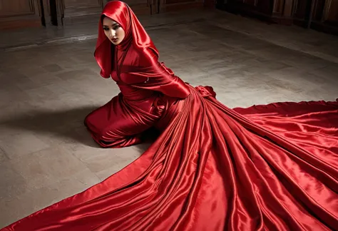 a woman shrouded in a 4-meter-long, plush red satin cloth, tightly bound and grandly draping along the form of her body, flowing...