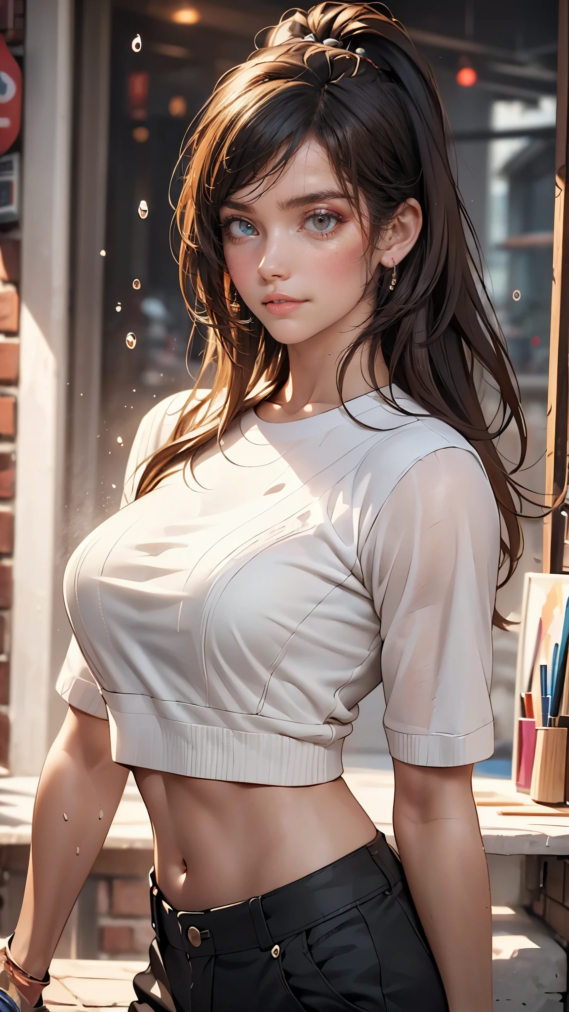 a beautiful woman, wearing a crop top and cargo pants, dark brown flowing hair style with head movement, hazel eyes, half-body portrait, paint splashes, splash, overtake, vaporware, shaded flat illustration, digital art, trending on Art Station, (best quality,8k,highres,masterpiece:1.2),ultra-detailed,(realistic,photorealistic,photo-realistic:1.37),award-winning Samdo art style,the finer details,complex