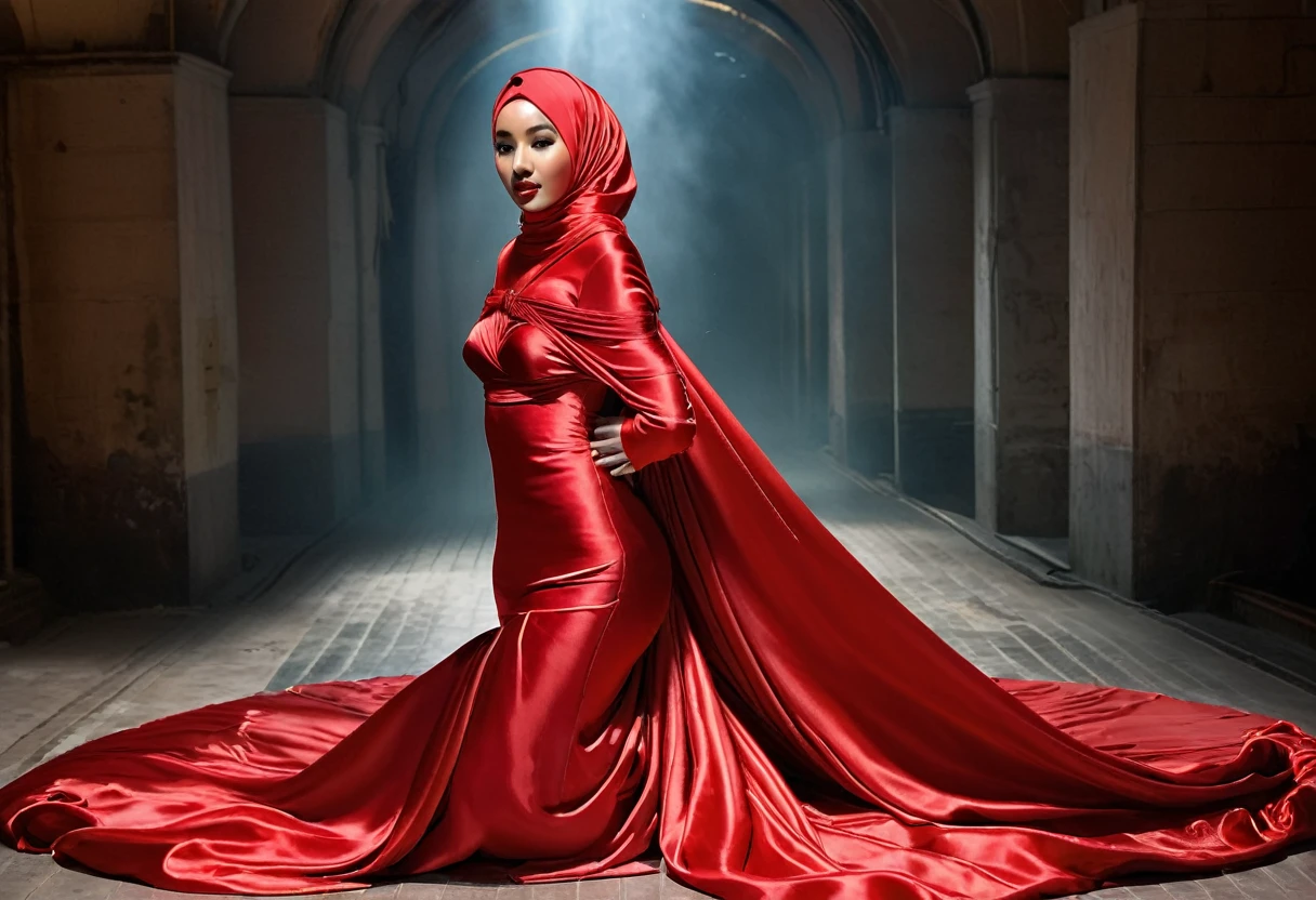 A woman shrouded in a 4-meter-long, plush red satin cloth, tightly bound and grandly draping along the form of her body, flowing off into a pooled floor-length train, styled in a mermaid-inspired outfit, her head modestly veiled in a satin hijab, a full-body pose conveying a sense of mysterious elegance, captured in a 4k resolution, ultra-realistic