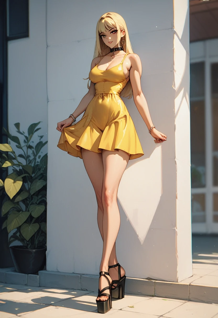 Yamato, yellow low-cut sundress, platform wedge heels, tight collar 