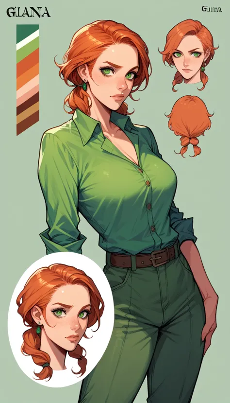 gianna michaels, female original character reference sheet adoptable, ginger hair, green eyes,