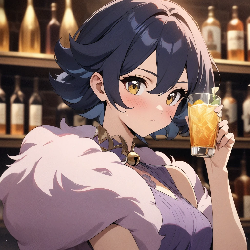 belle, bell from  zenless zone zero, stylish pose, holding drink, great gatsby pose, anatomically correct, 1girl, short hair, dark blue hair, golden eyes, beautiful face, pink dress, fur dress, purple dress, fur, bar background, decorative, masterpiece, high quality, hd, 4k, upper body, genshin artstyle, 