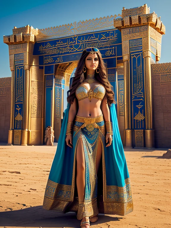 Beautiful Babylonian princess (solo:1.5), dressed in a gown with gold and filigree embellishments; medium breasts and medium hips; tan skin and dark jet hair; the woman stands next to the beautiful architectural structure of the Ishtar gate (((Ishtar's gate))), sensually posing for the audience, and smiling flirtatiously; Ishtar's gate has vivid green, blue and turquoise colors, amply adorned by the "winged bulls"; masterpiece; UHD; 8k; fine details on the woman's face and hair; fine details on the woman's hands; fine details on the woman's ornaments; fine details on Ishtar's gate; masterpiece; (((panoramic view of the woman and Ishtar's gate)))