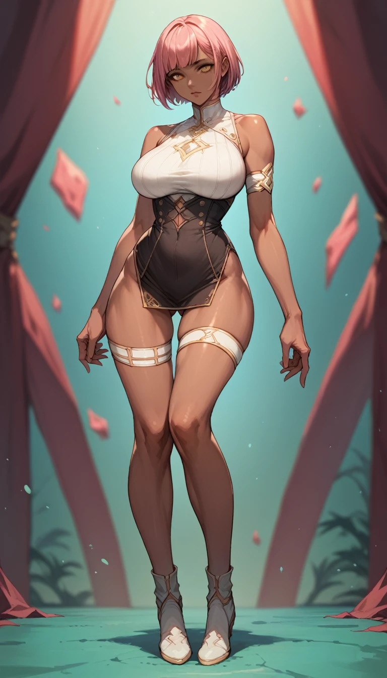 sexy pose, pink hair, (short bangs hair:1.36), detailed yellow eyes, narrow waist, huge legs, depth of field, 1girl, (on a background:1.3), (full body), big breasts, wide hips, athletic figure, ((thigh cutout)), (((dark skin))),