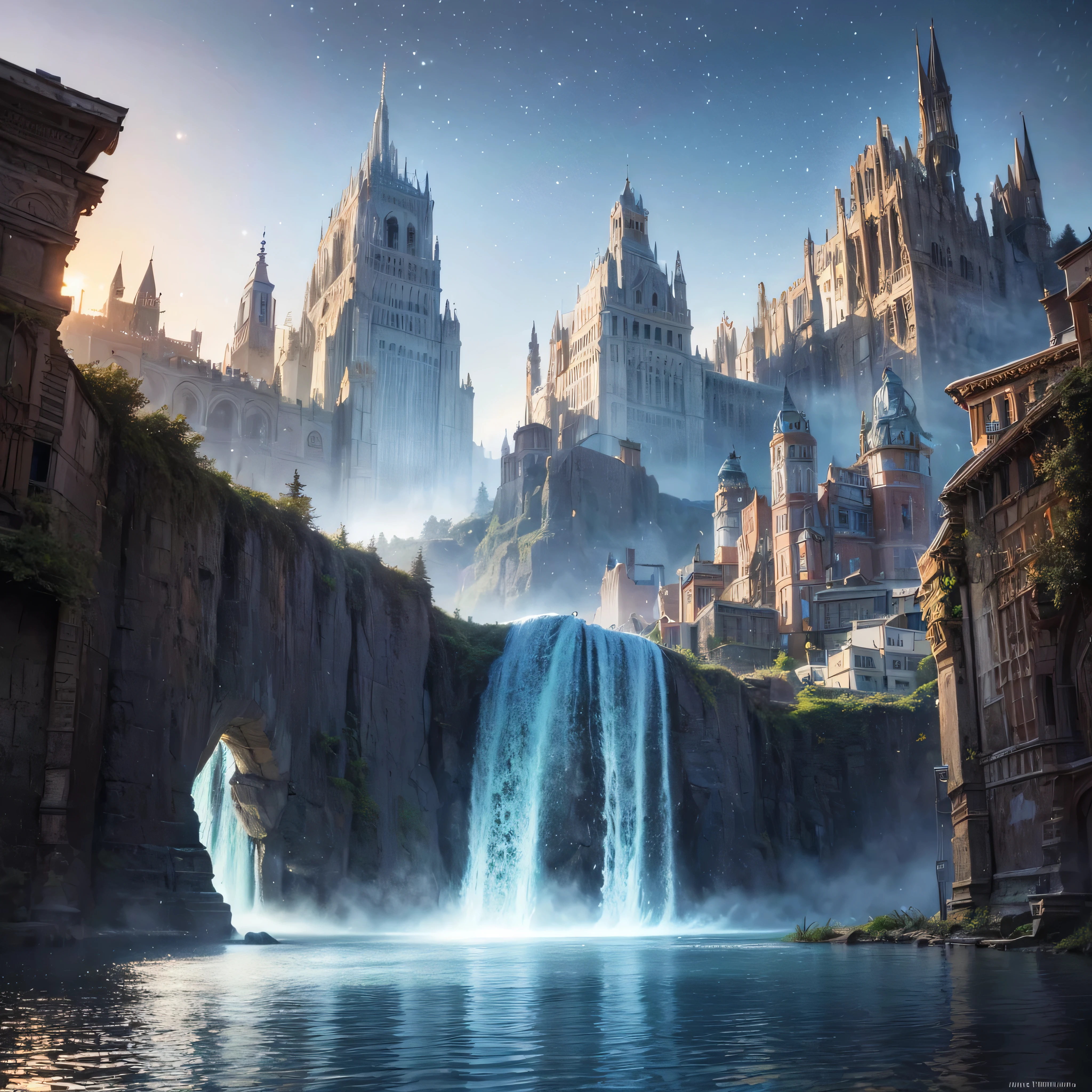 (8k, highest quality, masterpiece, final fantasy style: 1.2), (unRealistic, photoRealistic: 1.37), Dreamy landscape, Fantasy, Unsurreal landscapes, Super detailed, Flying metallic  futuristic Castle, Floating Island in the Sky, Seven-colored swirl of light, Intense lightning, milky way, Complex Light, Colored light, Large Lake, Starry sky reflected on the lake surface, Countless shining stars, Meteors,  Reflections , (A pillar of light emanated from the ground:1,2), roses and orchids gardens , sunset, pink clouds, waterfalls in the sky, realistic style, Hyperrealism drawing, a flying pirate spaceship floating at the clouds level, burning skyscrapers, cyborgs, timeless realms , floating ships,  casting spell, healing light magic effect, in a magical lagoon of the fairyland, crystal clear water surface reflections, sharp focus, looking at viewer, (close-up:0.9), (bright white theme:1.2), (bright white tone:1.2), (deep blue tone:1.3), realistic, Hyperrealism,vivid colours , cyborgs, metallic devices, science fiction themes 