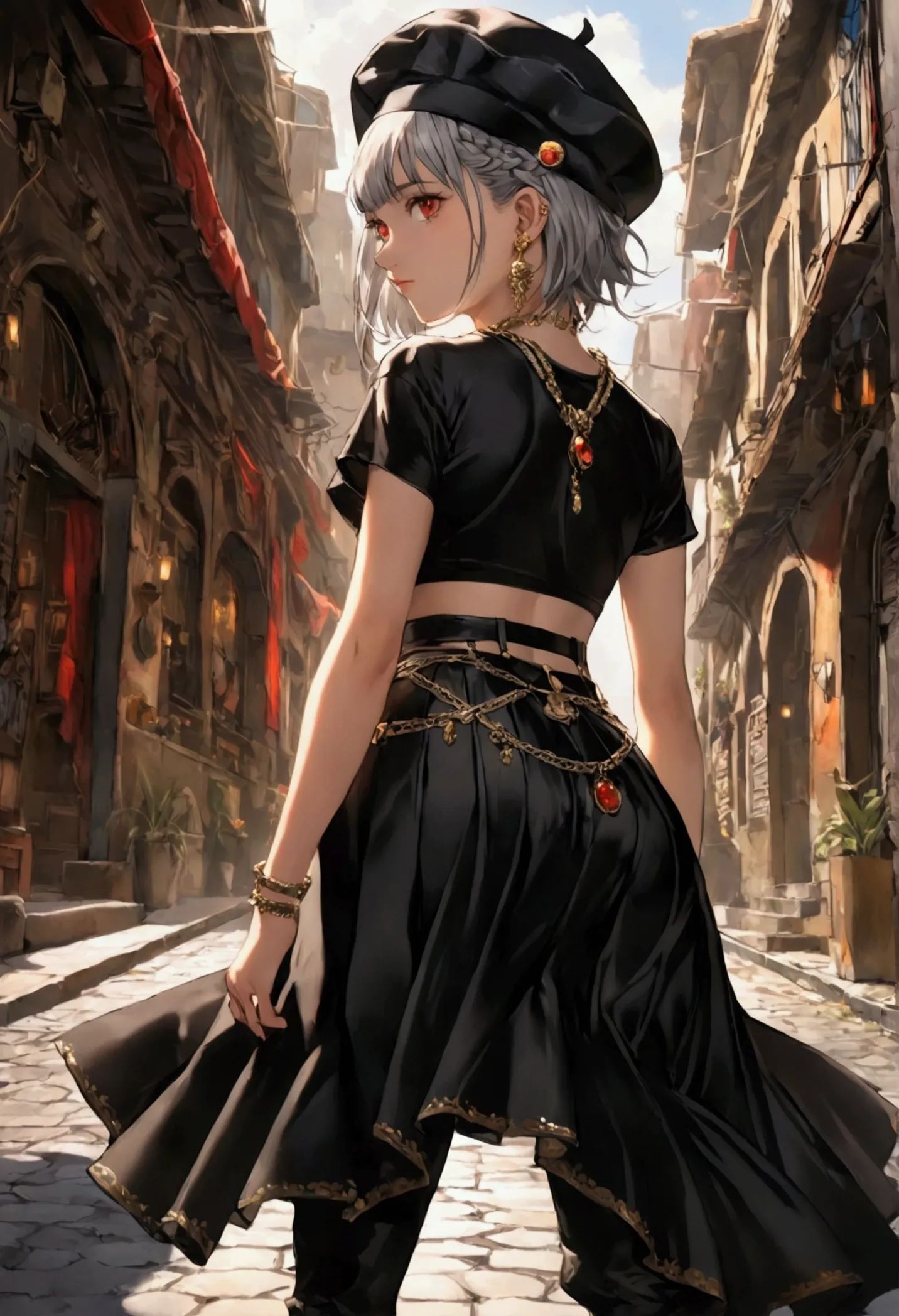 a young woman with short gray hair braided in the back and piercing red eyes. she wears a short skirt with a long dress in the b...