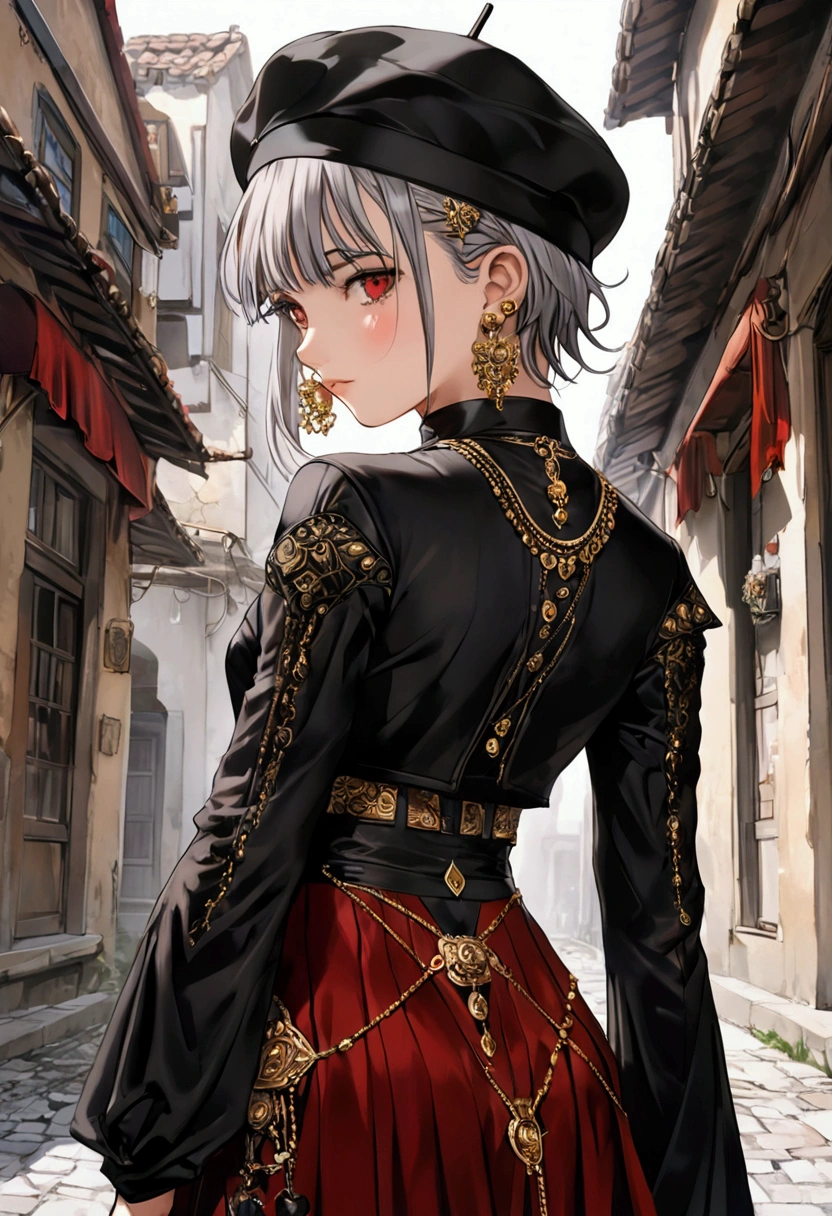 a young woman with short gray hair braided in the back and piercing red eyes. She wears a short skirt with a long dress in the back, a black crop top adorned with various belts and gold jewelry, brown leggings, high-heeled boots, and a black beret.