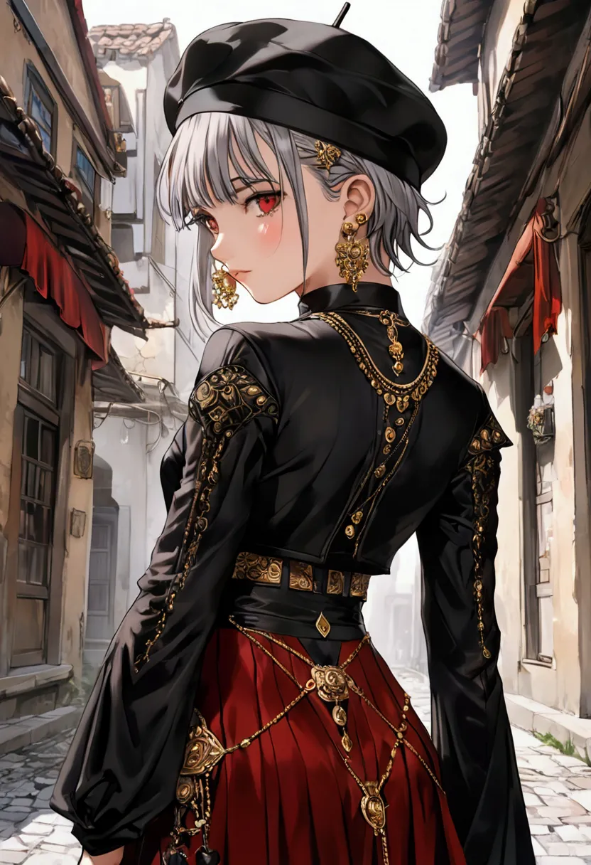 a young woman with short gray hair braided in the back and piercing red eyes. she wears a short skirt with a long dress in the b...