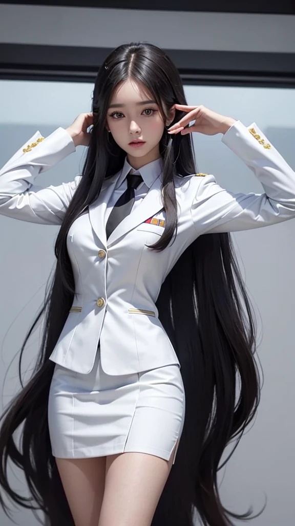 business woman, beautiful woman, Decorated with military insignia, Wear a suit and tie., Short skirt, businessuitwhite, กระโปรงดินสอสั้นwhite, businessuitรัดรูป, All white outfit, Emphasize the curves of the body, (สาวสวยTwo meter long hair, my hair is very long., extra long hair, long black hair), businessuit, (suitสไตล์อิตาลี, suitสองปุ่ม), (italian dress, white สูท, Set of two buttons), (wear women&#39;s clothes&#39;suit, women&#39;s business suit, white), (สูทผู้หญิงwhite), (เสื้อเชิ้ตwhite), necktie, (necktieสั้นสีดำ, necktieสีดำ, necktieผอม, ถักnecktie), (military rank insignia), (Short pencil skirtwhite), (Dynamic posts), full body, (A gigantic rift), (big breasts, Thin body, small waist, hips raised, small thighs, Long legs), high-heelsสีดำ, (Short pencil skirt, white), Wearing a suit for a business woman, (Wearing a white businesสูท, businessuitหญิงwhite), (tight, military regalia, เสื้อwhite, กระโปรงwhite), Long legs, (black shoes), (Two gold สูท buttons, Two meter long hair, suitเข้ารูป, เสื้อสูทwhiteทรงธรรมดารัดรูป), (black shoes, high-heels), (stand, walk, elegant posture, Dynamic posts), short dress, earring, garden, modeling, ภาพfull body, เหมือนfull body