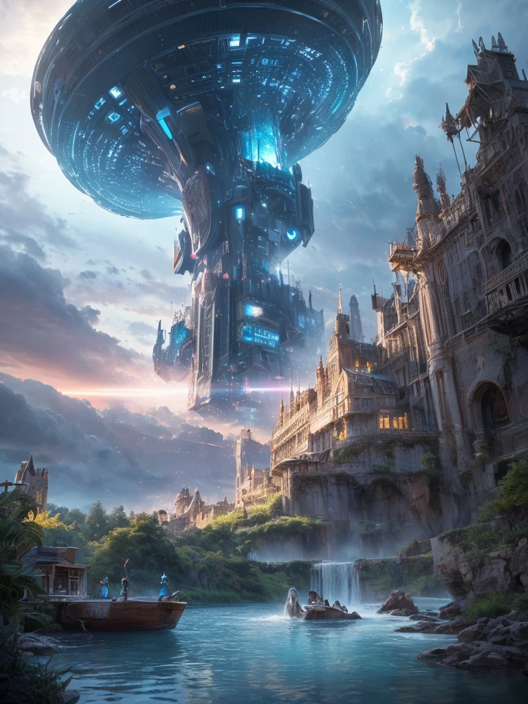 (8k, highest quality, masterpiece, final fantasy style: 1.2), (unRealistic, photoRealistic: 1.37), Dreamy landscape, Fantasy, Unsurreal landscapes, Super detailed, Flying Castle, Floating Island in the Sky, Seven-colored swirl of light, Intense lightning, milky way, Complex Light, Colored light, Large Lake, Starry sky reflected on the lake surface, Countless shining stars, Meteors,  Reflections , (A pillar of light emanated from the ground:1,2), roses and orchids gardens , sunset, pink clouds, waterfalls in the sky, realistic style, Hyperrealism drawing, a flying pirate spaceship floating at the clouds level, burning skyscrapers, cyborgs, timeless realms, stunning  princess  , floating hair, pink lipstick, cute, naked shoulders ,  casting spell, healing light magic effect, in a magical lagoon of the fairyland, crystal clear water surface reflections, sharp focus, looking at viewer, (close-up:0.9), (bright white theme:1.2), (bright white tone:1.2), (deep blue tone:1.3),((( realistic, Hyperrealism, futuristic structures, alien cyborgs , science fiction themes)))