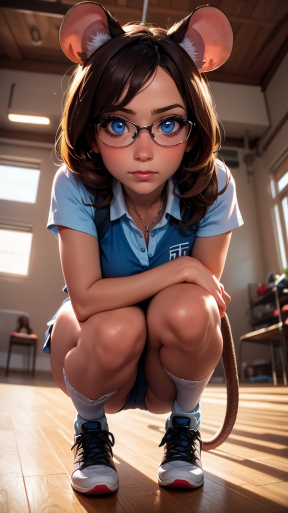 ((best quality)), ((highly detailed)), absurdres, detailed face, beautiful face, (detailed eyes, deep eyes), (1girl), (glasses), top view, looking at viewer, looking up, dynamic pose, full body, (((very wide shot))), (mouse girl), brown hair, light blue eyes, mouse ears, (mouse tail), (indoors, in a gymnasium, (((multiple girls))), (3girls)), (((squatting))),