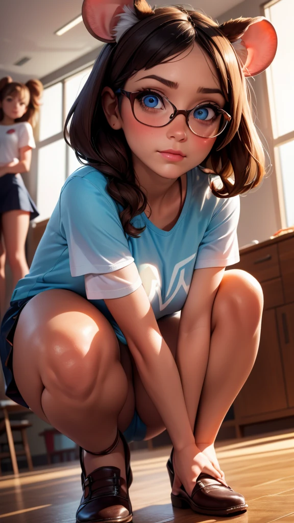 ((best quality)), ((highly detailed)), absurdres, detailed face, beautiful face, (detailed eyes, deep eyes), (1girl), (glasses), top view, looking at viewer, looking up, dynamic pose, full body, (((very wide shot))), (mouse girl), brown hair, light blue eyes, mouse ears, (mouse tail), (indoors, in a gymnasium, (((multiple girls))), (3girls)), (((squatting))),