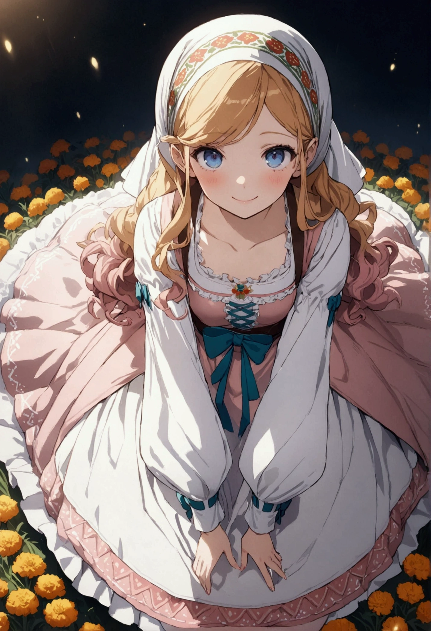 (masterpiece:1.2, best quality), (ultra-detailed), (illustration), (ultra highres), (delicate illustration), (hyper detailed), golden orange hair, gradient hair, very long hair, swept bangs, sidelocks, curly hair, wavy hair, (((((head scarf))))), head bandana, pink apron, flower in hair, marigold, orange flower, dirndl, pink dress, pink dirndl, long sleeves, waist apron, white apron, bow on waist, blue bow, , polish clothing, Slavic clothing, Hungarian clothing, anime, cute,, solo, smile, blue eyes, white stockings, black shoes, full body, straight-on, facing forward, flat chest
