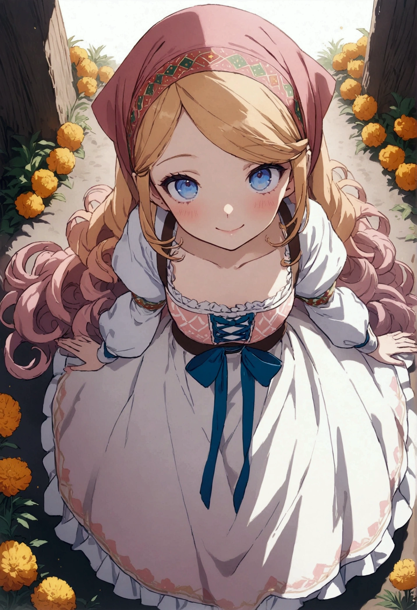 (masterpiece:1.2, best quality), (ultra-detailed), (illustration), (ultra highres), (delicate illustration), (hyper detailed), golden orange hair, gradient hair, very long hair, swept bangs, sidelocks, curly hair, wavy hair, (((((head scarf))))), head bandana, pink apron, flower in hair, marigold, orange flower, dirndl, pink dress, pink dirndl, long sleeves, waist apron, white apron, bow on waist, blue bow, , polish clothing, Slavic clothing, Hungarian clothing, anime, cute,, solo, smile, blue eyes, white stockings, black shoes, full body, straight-on, facing forward, flat chest
