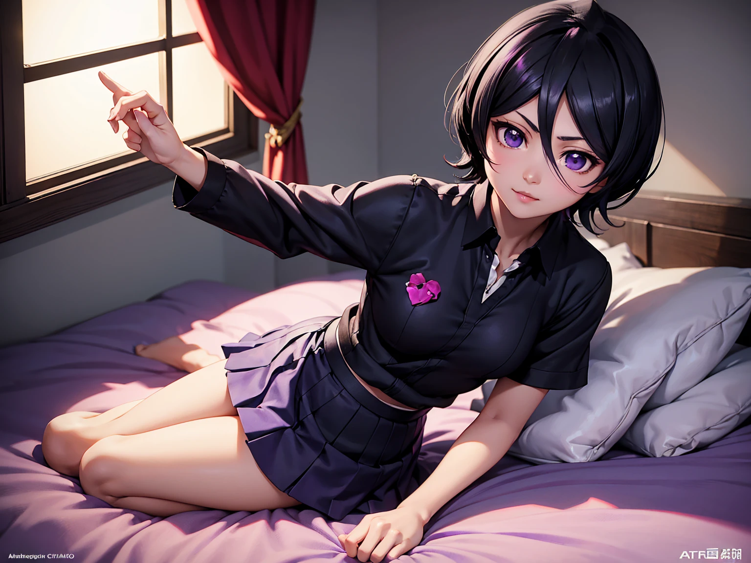 a beautiful anime girl, fully body, short black hair, purple eyes, short smile, fancy top, miniskirt, from front view, medium shot, intermediate plan, lying in the bed, highy detailed, cinematic wallpaper by Stanley Artgerm Lau