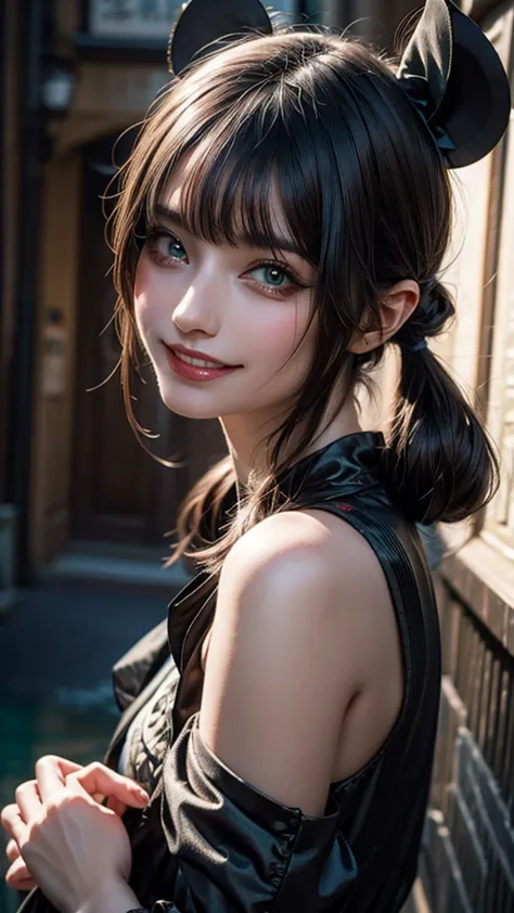 one girl, alone, hair ornaments, green hair, twin tails, long hair, dress, water,, mid shot portrait photography (farzan) from g...