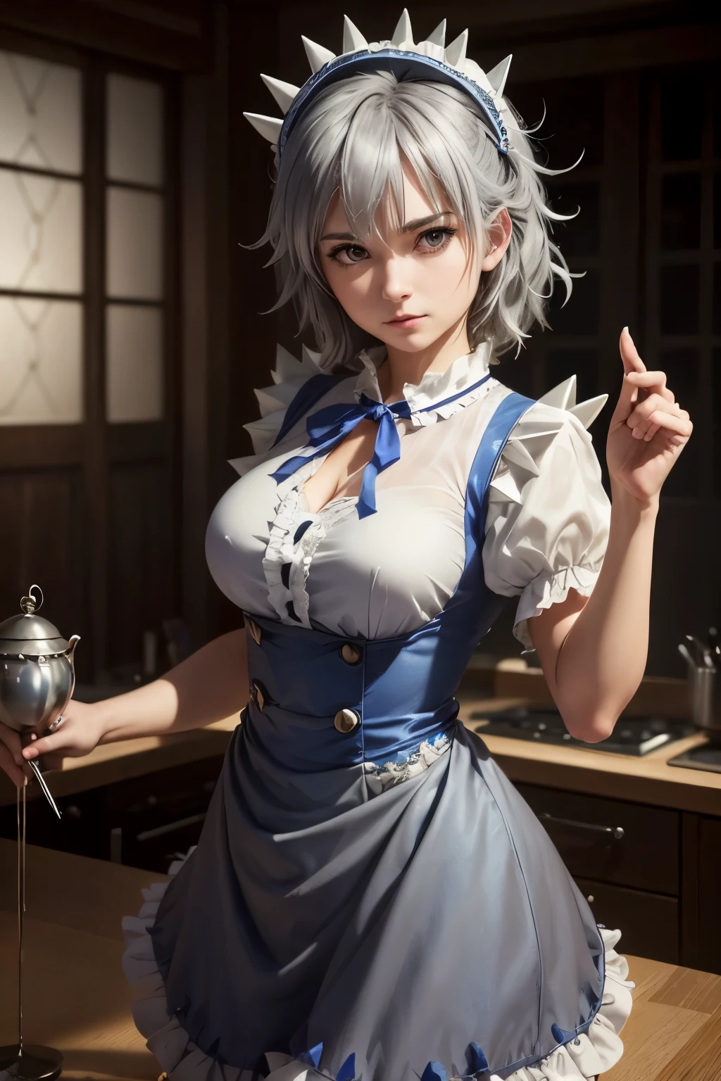 ((16 Nights Sakiya)), ((Touhou Project)), Cosplay, 20-year-old woman, (((gray hair)), ((medium spiky hair)), ((blue maid outfit)), ((white blouse)), midchest, (light)))), (pose))), (photorealistic photo: 1.3), rim lighting, (high detail skin:1.2), 8K UHD, dslr, high quality, high resolution, 4K, 8K, Bokeh, Absurdity, Best ratio four fingers and one thumb, (Real:1.3), Cutest 1 Girl, Lots of Knives