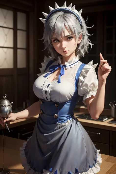 ((16 nights sakiya)), ((touhou project)), cosplay, 20-year-old woman, (((gray hair)), ((medium spiky hair)), ((blue maid outfit)...