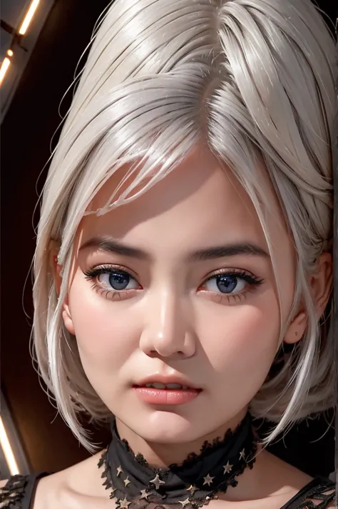 1girl, star eye, blush, perfect illumination, white hair, black eyes, unreal engine, sidelighting, detailed face, bangs, bright ...