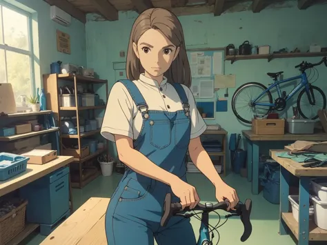 a bicycle workshop where a woman with long brown hair works on a bicycle and wears denim overalls with a top and a shirt.