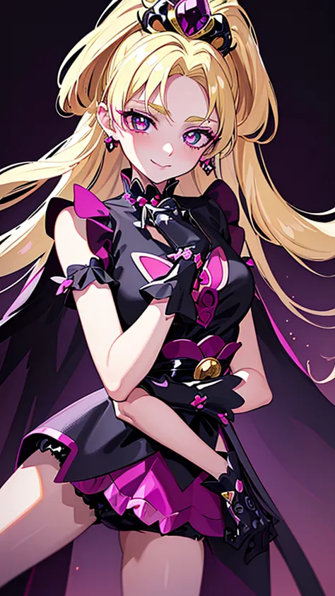 best quality, ultra detailed,1girl, solo, cure flora, (blonde hair), black skirt with frills, black tiara, wrist cuffs, purple s...