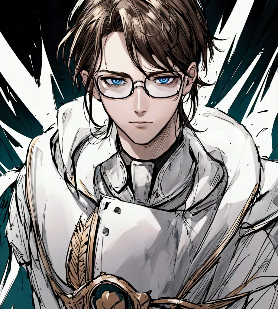 ((artwork, 8k, beautiful lighting)), 1 man, brown mullet hair, wearing white technological glasses with blue eyes, white astran ...