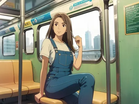 a subway car with people sitting on chairs, in which a woman with long brown hair works on a bicycle and wears denim overalls wi...