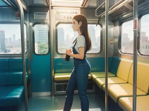 a subway car with people sitting on chairs, in which a woman with long brown hair works on a bicycle and wears denim overalls wi...