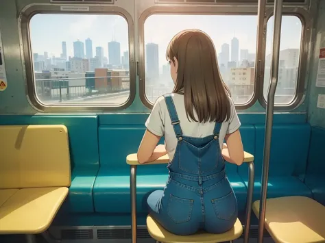 a subway car with people sitting on chairs, in which a woman with long brown hair works on a bicycle and wears denim overalls wi...