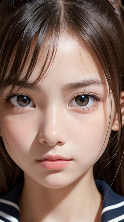 One Girl，(1人のとてもcute女の子:1.3)，masterpiece，highest quality，High resolution，beautiful girl，(18years old:1.3)，cute，Big eyes，(detailed pupils:1.2)，(The face is facing straight ahead:1.3)，Body facing forward，Beautiful nose，Fuller lips，Short black hair，ponytail，short hair，Detailed eyelashes，Thin eyebrows，Very fine grain definition，(Symmetrical eyes:1.3)，(Face close-up，Face Focus:1.0)，Sailor suit，Student style，Portrait，View Viewer，Cinema Lighting，High resolution，Very detailed、口を少し開ける