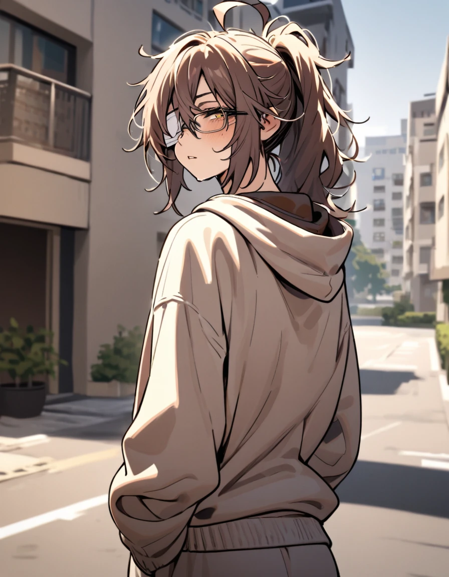 mature, golden eyes, looking at viewer, female, apartment background, messy hair, dark shoulder-length hair, ponytail, parted lips, hair between eyes, ahoge, emotionless, tired eyes, standing, from behind, sweatpants, hoodie, medical eye patch, comfy clothes, glasses