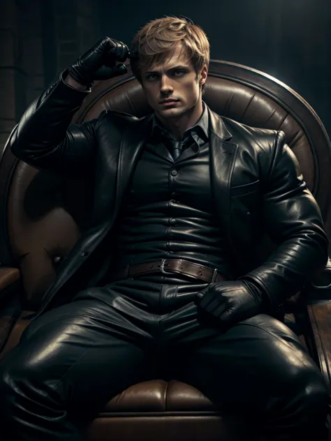 bradley james, sitting in a leather seat, wearing black leather gloves and a suit. holding a whip. dramatic.