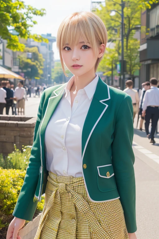 (Highest quality、4K、8k、High resolution、masterpiece:1.2)、Very detailed、(Genuine、Realistic、Realistic:1.3)、blonde、Pixie Cut、uniform、White shirt、Yellow-green checkered skirt、Navy jacket、A yellow cardigan tied around her waist、Full body photo、Nakano Ichika