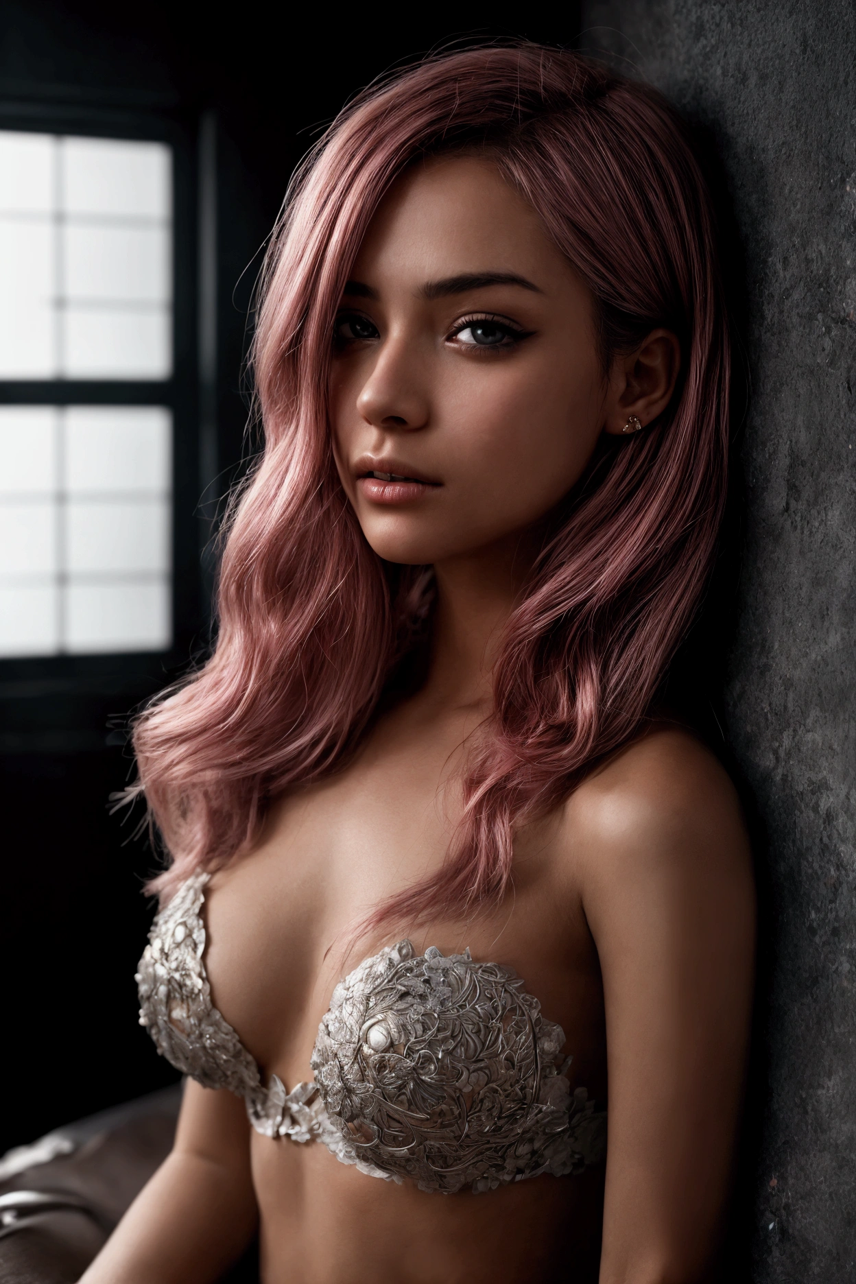 pink hair girl in teatre, hatching (texture), close-up, f/2.8, Sony FE GM, caustics, overexposure, bokeh, high details, high quality, anatomically correct, accurate, masterpiece, retina