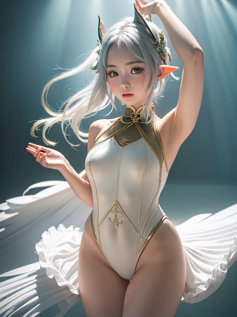 High resolution、High level image quality、8K、real live action、Raw photo、highest quality、masterpiece、16 year old elf girl、ballerina、unparalleled beauty、leotard、Wearing a tiara on your head、young face、(((beautiful girl)))、Dancing on stage、Swan Lake、long pointed ears