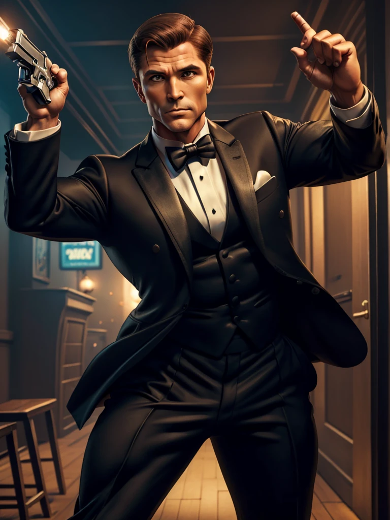 Fox Comedy Character Archer (secret agent in a tuxedo, drunk, brash, handsome, carelessly wielding a pistol), striking an almost dashing pose. 'ARCHER' written in the background