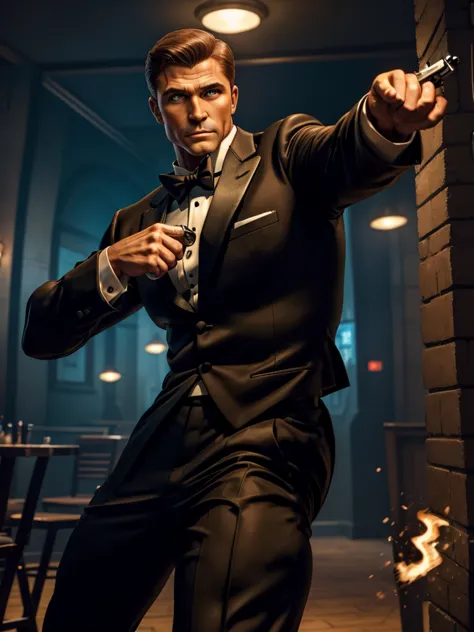 fox comedy character archer (secret agent in a tuxedo, drunk, brash, handsome, carelessly wielding a pistol), striking an almost...