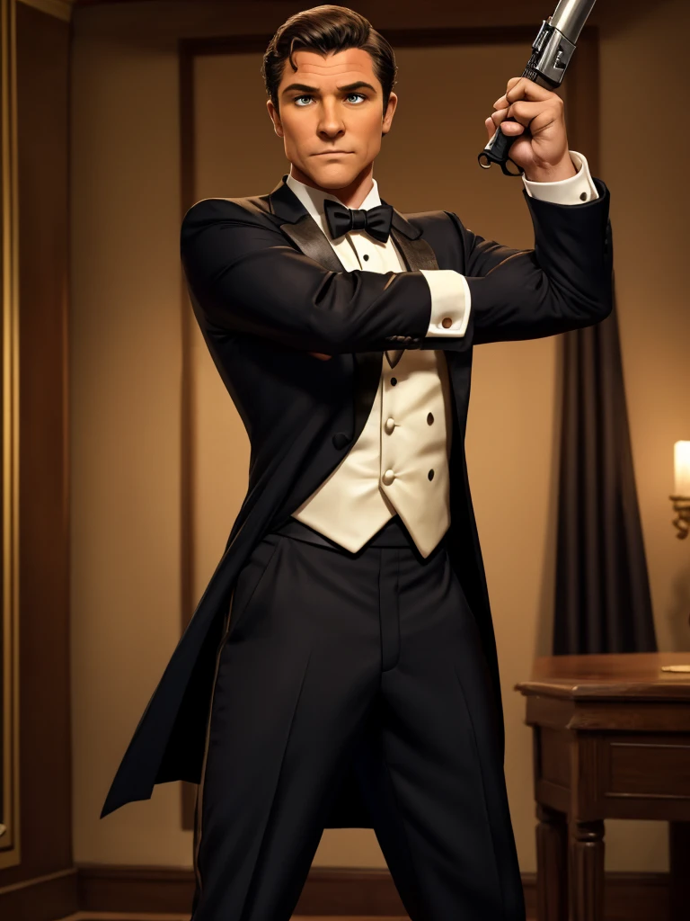 Fox Comedy Character Archer (secret agent in a tuxedo, drunk, brash, handsome, carelessly wielding a pistol), striking an almost dashing pose. 'ARCHER' written in the background