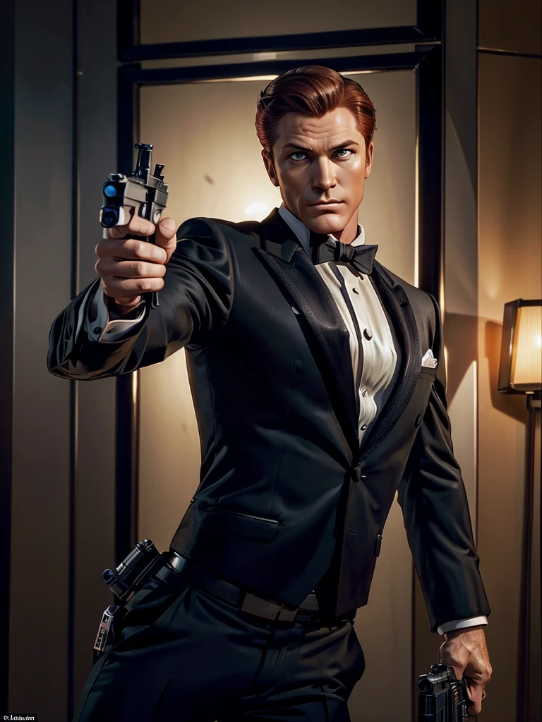 Fox Comedy Character Archer (secret agent in a tuxedo, drunk, brash, handsome, carelessly wielding a pistol), striking an almost dashing pose. 'ARCHER' written in the background