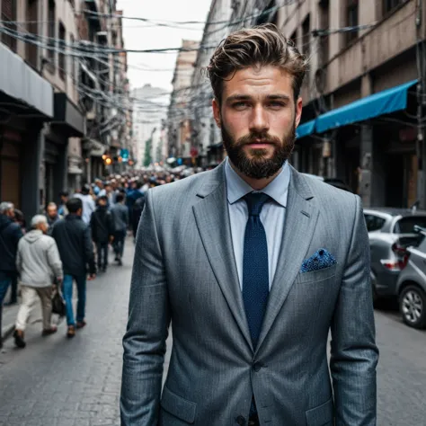 raw photo, full body portrait of a beautiful man with a beard in a grey suite, he stands in a crowded street with tangled power ...