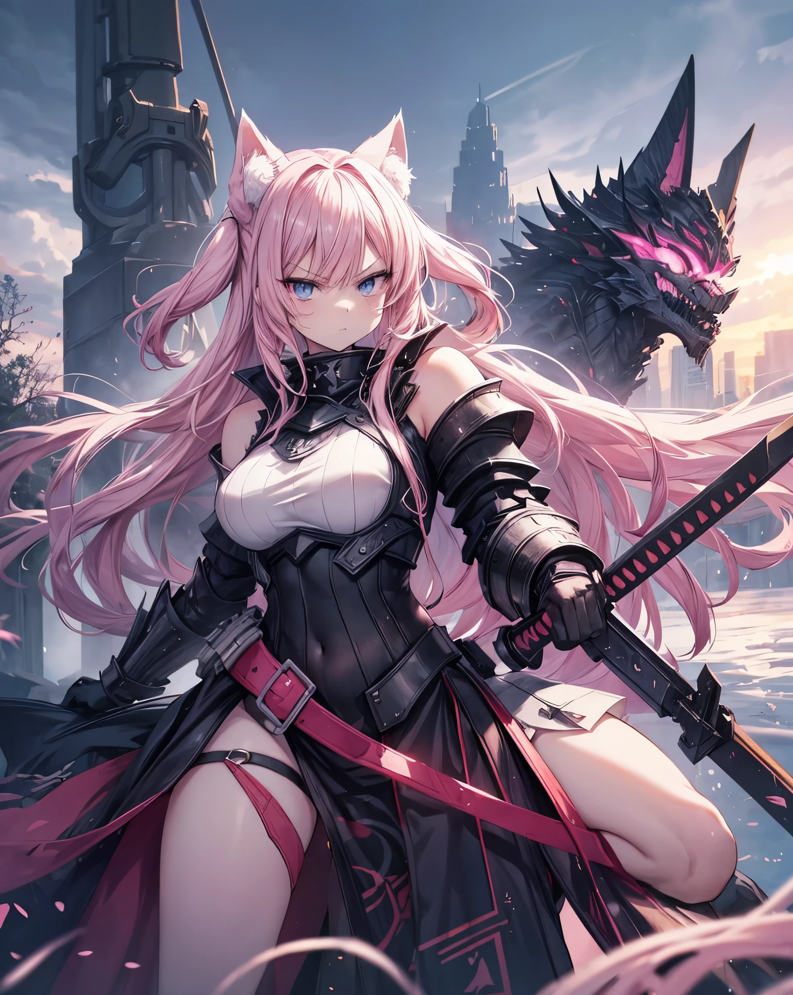 Anime style war, serious style, 1nekogirl, pink_and_white_cat_ears, fox tail, limited palette, long Straight pink hair, detailed anime blue eyes. She is angry. She is a Mercenary with scars on face, Outdoor scenery. Point a sword upwards. Behind them there is an army. War is coming. She wear a black intricate light war armour. She has bare shoulders. They will fight on the Winter Forest. Light Black Dragon armour, Pink details. Fight pose. Shes in berserk mode. furious attack with the sword.bare thighs