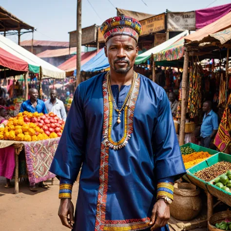 a man in his 40s, dressed in traditional african attire, standing proudly in front of a vibrant, colorful market with stalls sel...