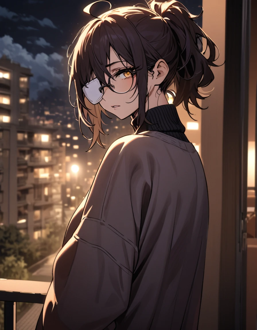 mature, golden eyes, looking at viewer, female, apartment background, messy hair, dark shoulder-length hair, ponytail, parted lips, hair between eyes, ahoge, emotionless, tired eyes, standing, from behind, jeans, turtleneck sweater, medical eye patch, comfy clothes, glasses, night, cloudy