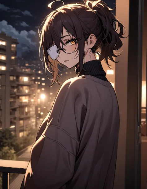 mature, golden eyes, looking at viewer, female, apartment background, messy hair, dark shoulder-length hair, ponytail, parted li...