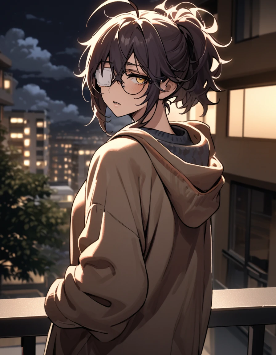 mature, golden eyes, looking at viewer, female, apartment background, messy hair, dark shoulder-length hair, ponytail, parted lips, hair between eyes, ahoge, emotionless, tired eyes, standing, from behind, jeans, hoodie, medical eye patch, comfy clothes, glasses, night, cloudy