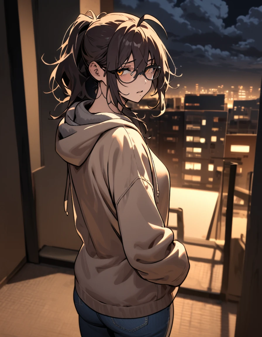 mature, golden eyes, looking at viewer, female, apartment background, messy hair, dark shoulder-length hair, ponytail, parted lips, hair between eyes, ahoge, emotionless, tired eyes, standing, from behind, jeans, hoodie, medical eye patch, comfy clothes, glasses, night, cloudy