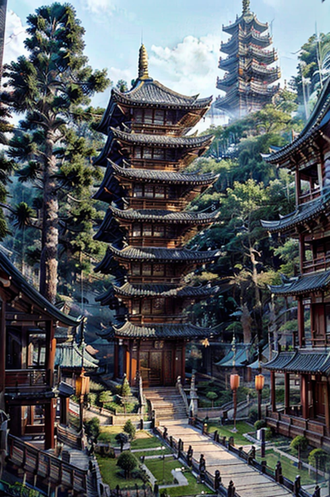 Chinese ink painting, A forest with a Pagoda in the distance