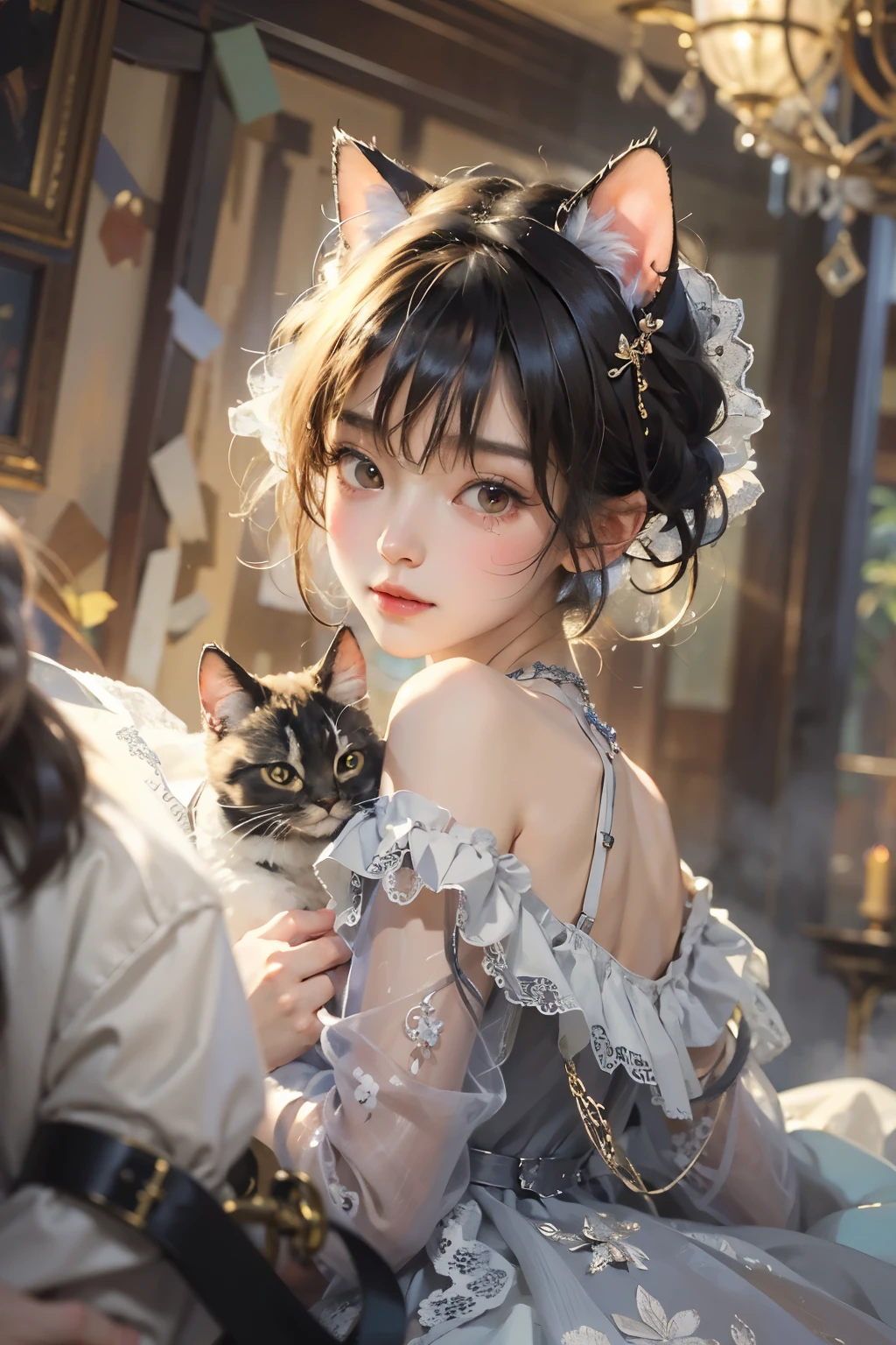 (Highest quality, masterpiece, High resolution)、4K Anime Art、(One Girl)、(whole body:1.4)、 (Detailed depiction of a cute face)、Black Hair、short hair、semi-long、Bobcut、Hair Bun、hair ornaments、(Cat ear)、(Lace dress:1.4)、See-through mini dress、Captivating smile、Small breasts、Cinematic Light、Soft Light、(indoor、dim、lamp)、(Simple Background)、((Blank Background))、